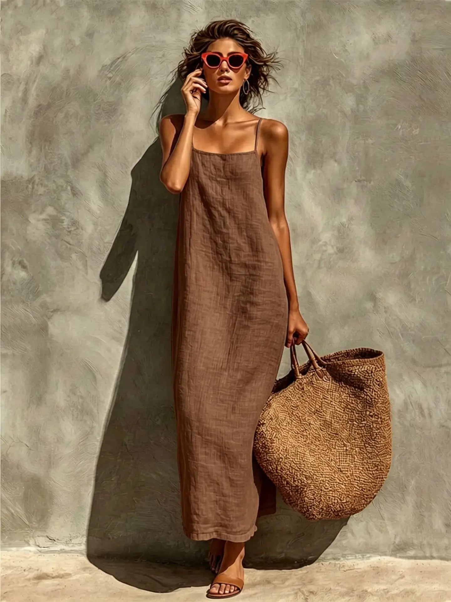 New Solid Color Square Neck Spaghetti Strap Linen Maxi Dress for Women
