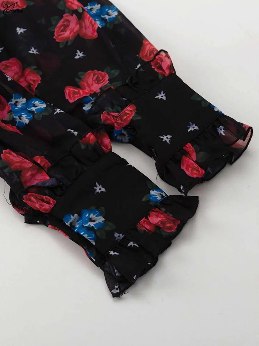 Oymimi Elegant Black Print Two Piece Set For Women Fashion Ruffled Long Sleeve Crop Shirts And Side Slit Floor-Length Skirts Set