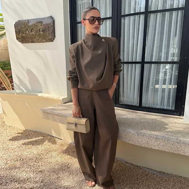 Solid Draped Funnel Neck Long Sleeve Wide Leg Two Piece Set For Women