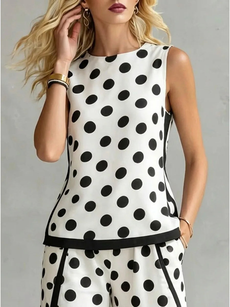 Bonboho Women Black White Polka Dot Sleeveless Tank Top Round Neck Contrast Trim T-shirt Casual Summer Sleeveless Vest Top