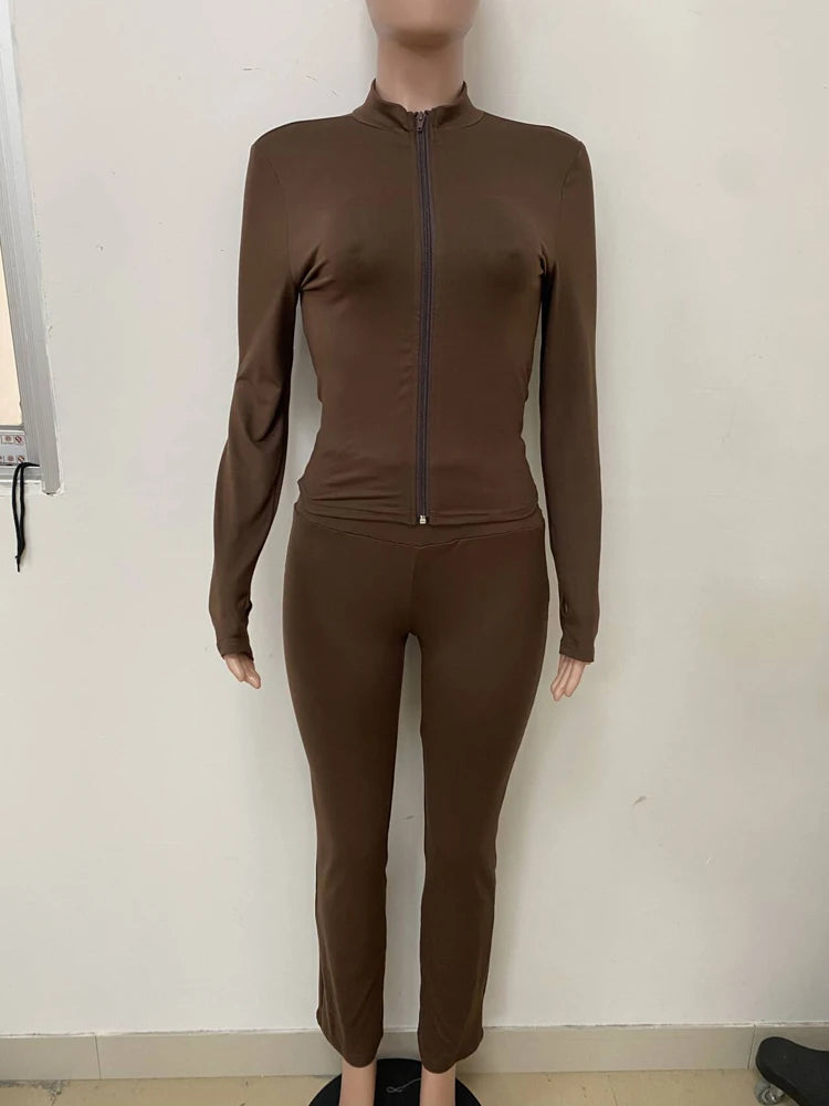 Zip Up Crop Top and High Waist Pants Tracksuit Set for Women