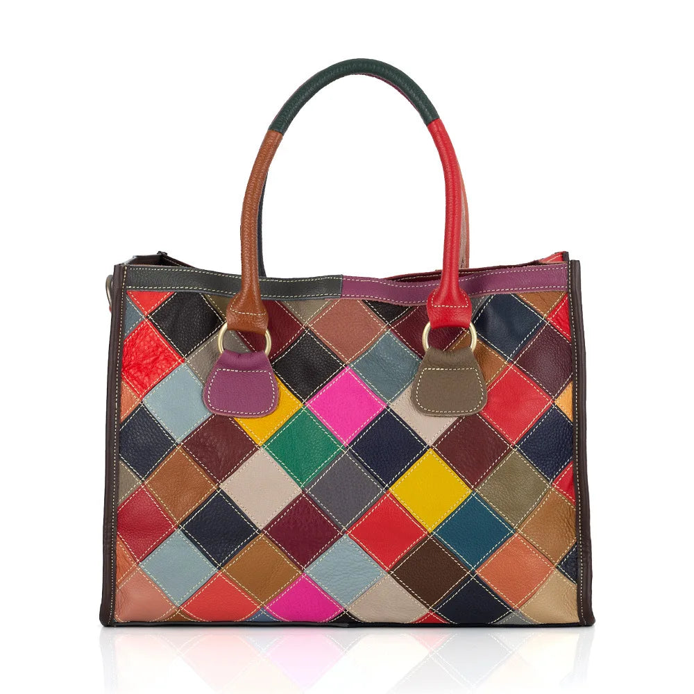 Genuine leather women's bag, ethnic style color contrasting design, large capacity tote bag, women's handbag