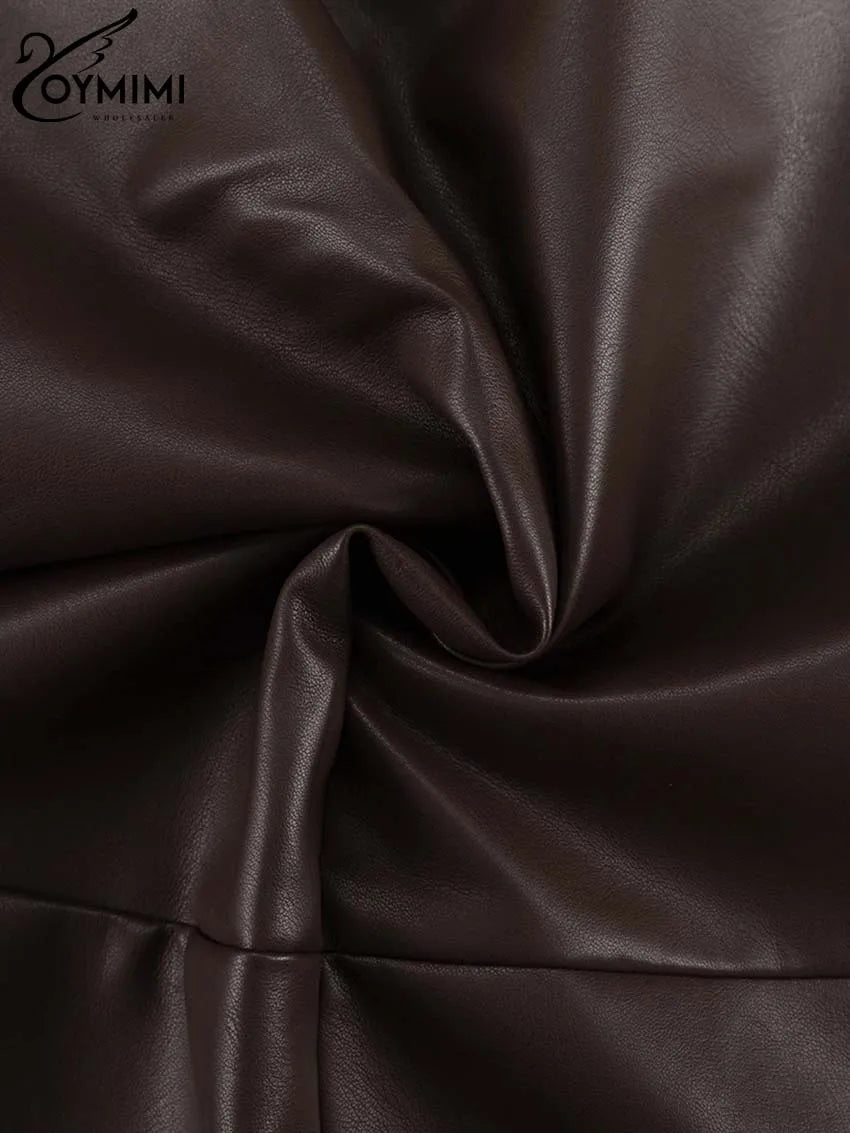 Oymimi Vintage Brown Pu Leather Skirts For Woman Elegant High Waisted Straight Skirts Casual Simple Ankle-Length Skirt Female