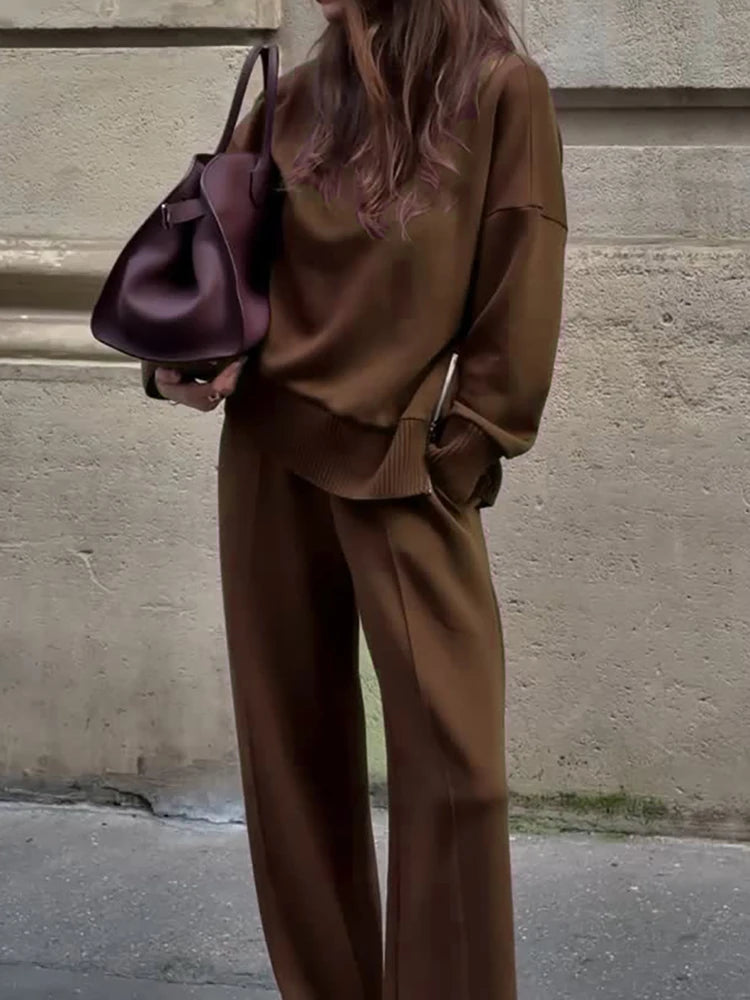 Half High Collar Pullover and Wide Leg Pants Set for Women