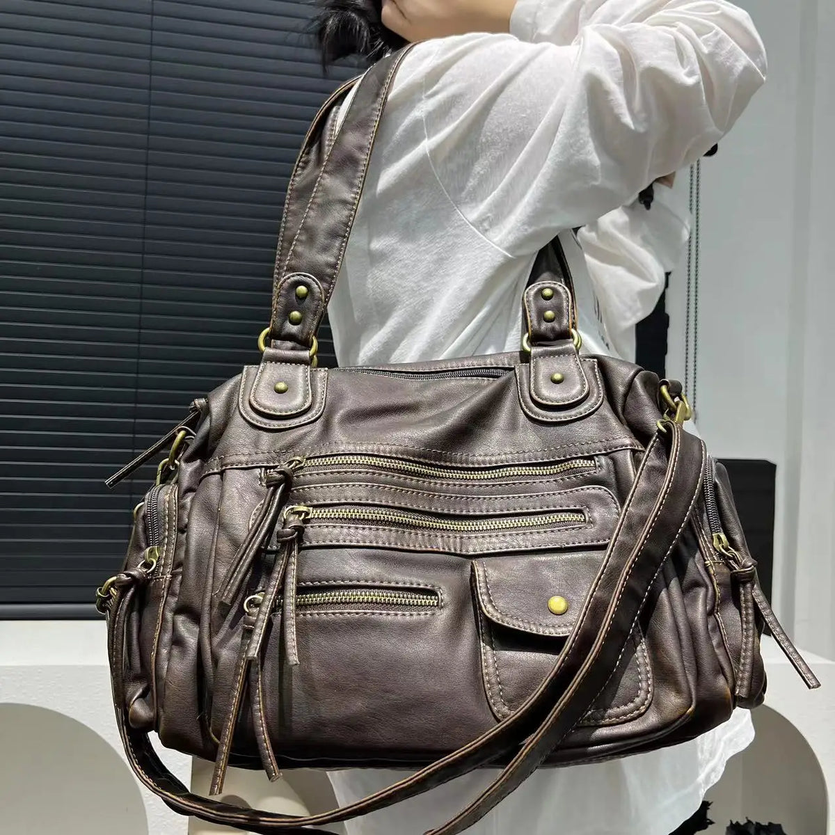 Washed Leather Look Crossbody Bag