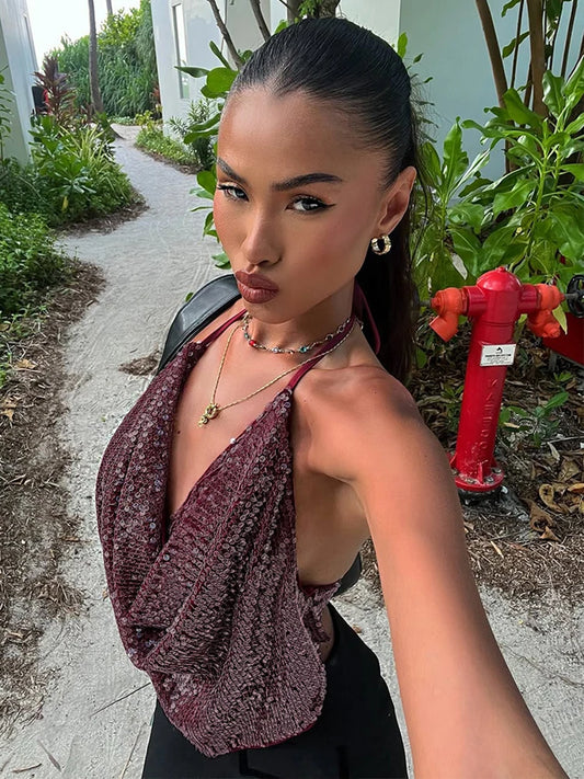 Weird Puss Y2K Sequins Sexy Camisole Women Backless Swing Collar Glitter Beach Vacation Wild Midnight Club Summer Trend Vest