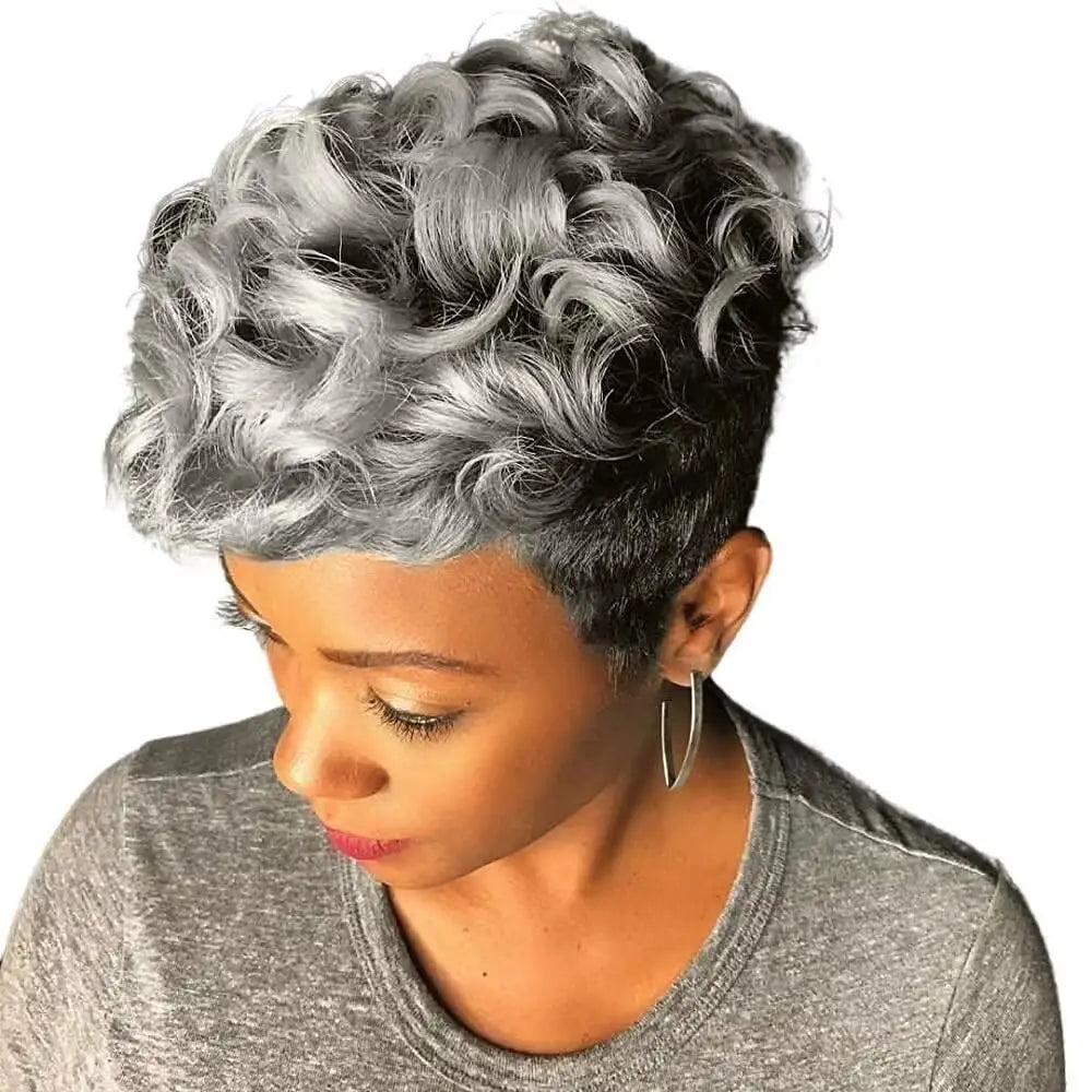 Synthetic Hair Natural Wavy Short Pixie Black Wig for Women