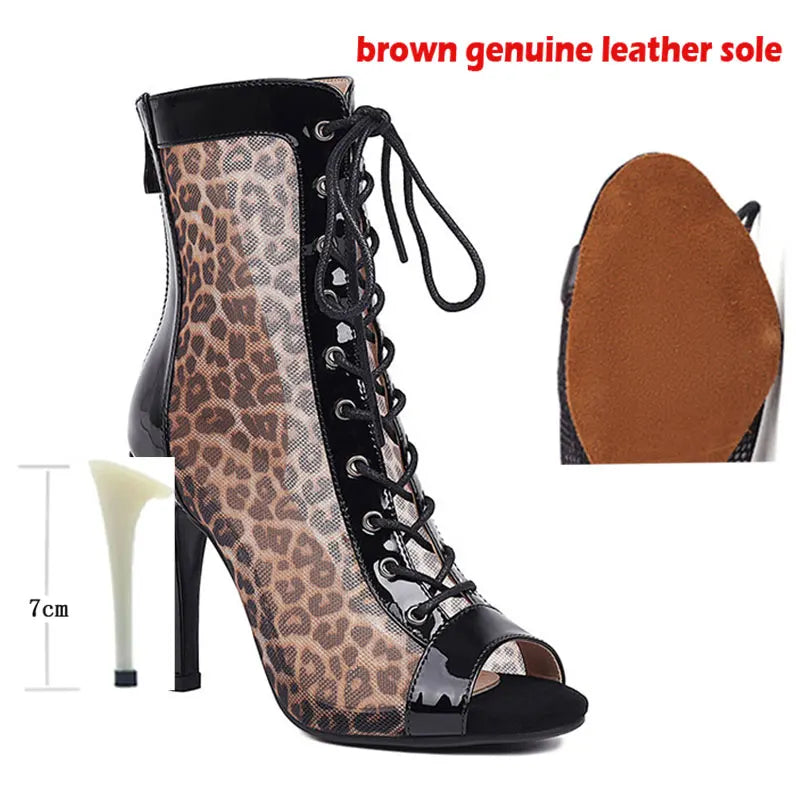 Leopard Print Latin Dance Heeled Ankle Boots for Women