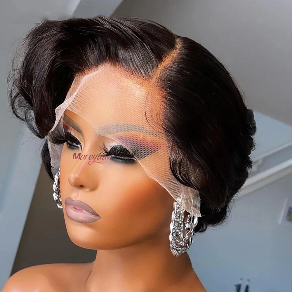 Wig HD Transparent Lace Front 13x4 Pixie Cut Bob Indian Hair Pre Plucked 200 Density