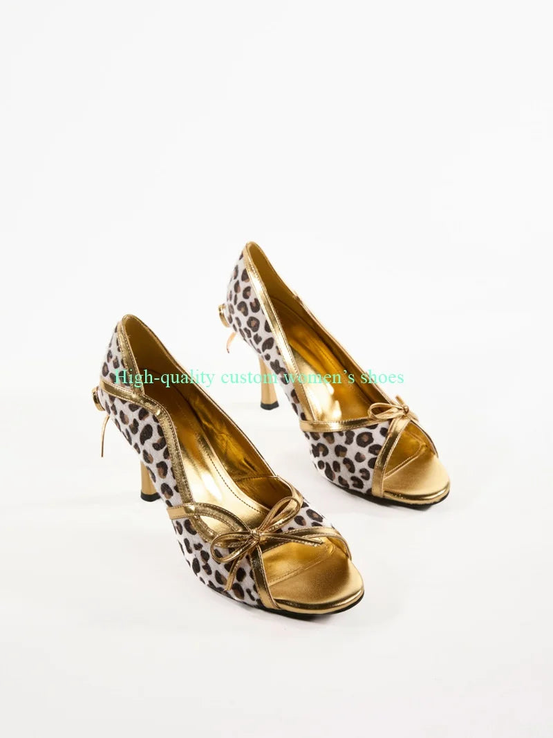 Leopard Print Gold Lace Bow Strappy Sandals for Women