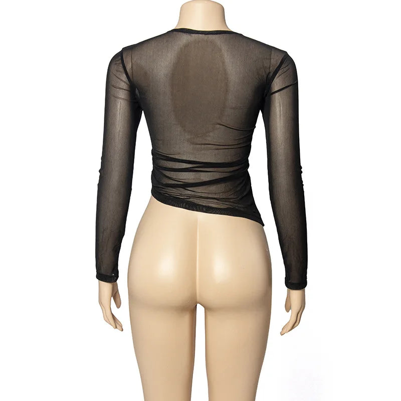 Velvet Patchwork See Through Mesh Long Sleeve Top for Women