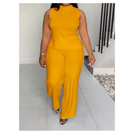 Wmstar Women Two Piece Set Plus Size 3XL 4XL Summer Casual Fashionable Print Sleeveless Shirt Suit Wide Leg Pants Female Outfits