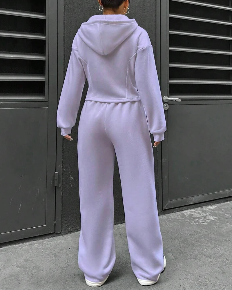 2 Pieces Pants Set Long Sleeve Zip Fly Slim Fit Hooded Top and Casual Wide Leg Pants Set