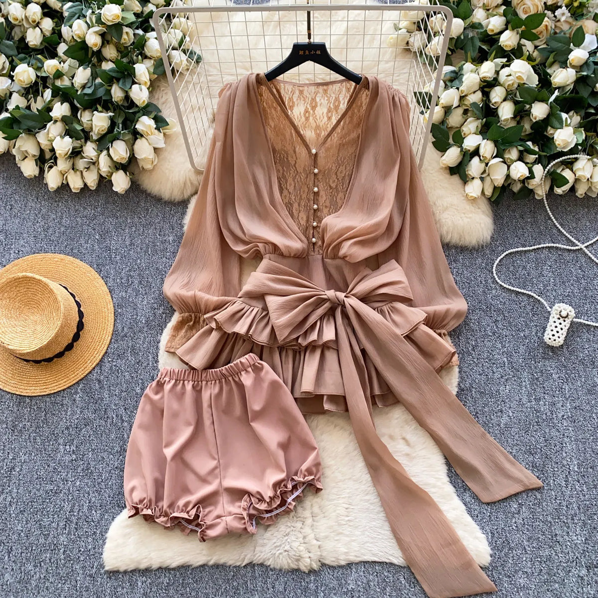 Lace Chiffon Mini Dress With Ruffles and Shorts for Women