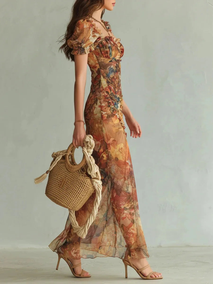 Elegant Lace Print Square Neck Tube Dress for Women