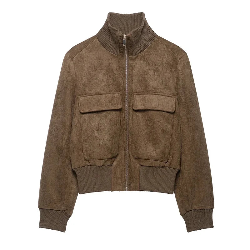 Vintage Suede Long Sleeve Jacket with Pockets for Women