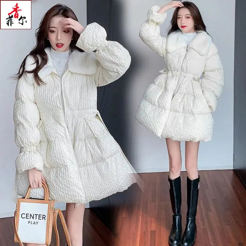 Women Cotton Padded Jacket Coat Female Winter Student Clothing Big Fur Collar Fashionable Medium To Long Parkas