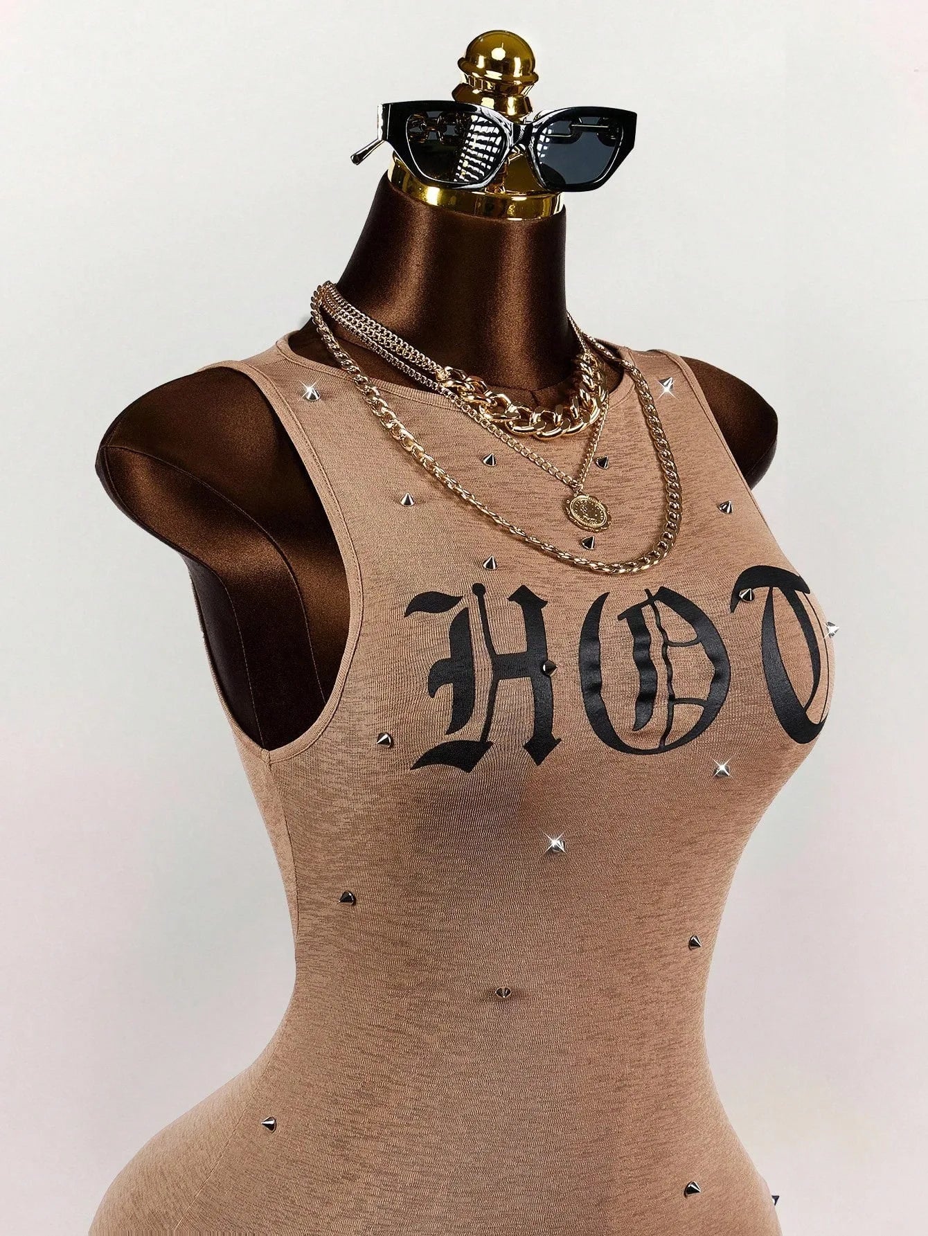 Letter Print Sleeveless Rivet Bodycon Mini Dress for Women