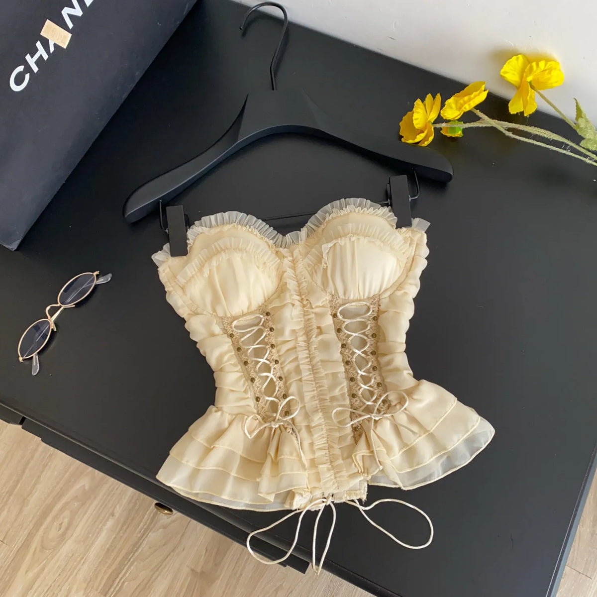 Ruched Lace Strapless Chiffon Corset Top for Women