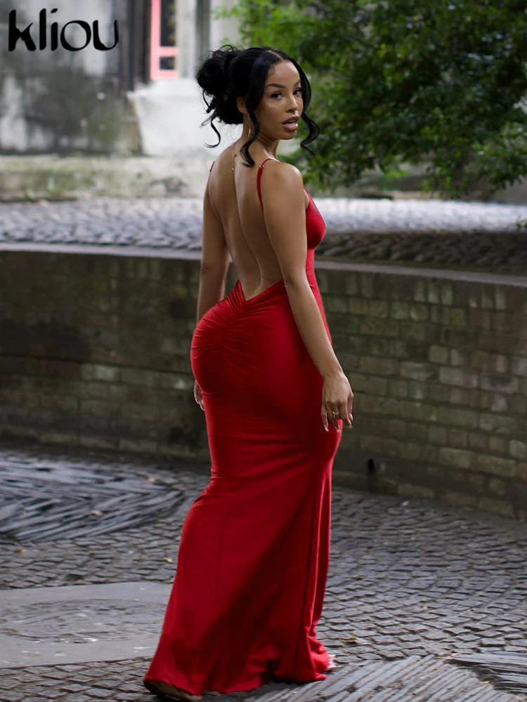 Shiny Spaghetti Strap Backless Ruched Maxi Dress for Women