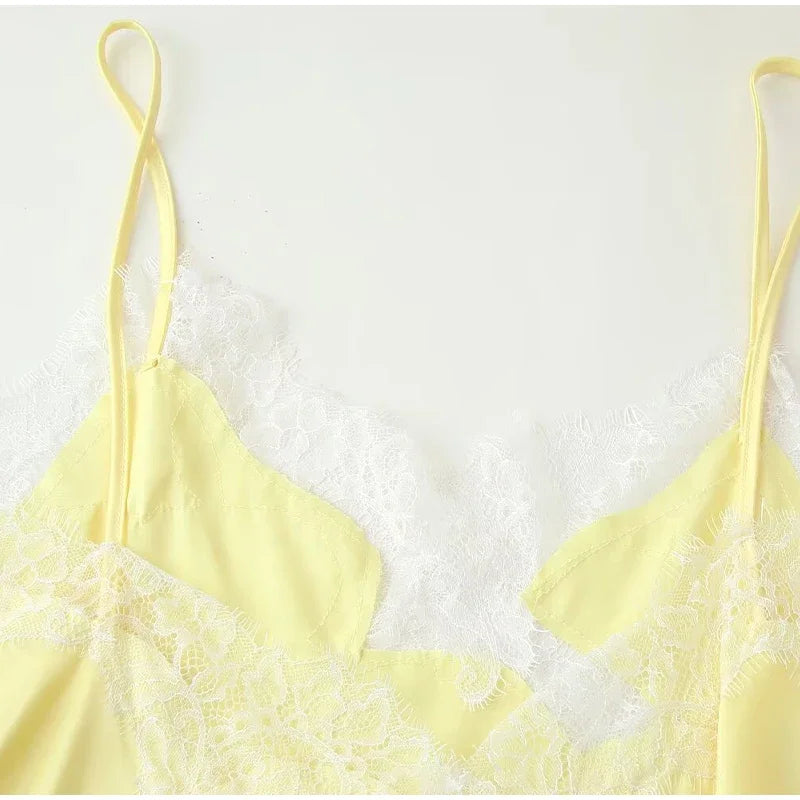 Brown Satin Lace Splicing Sling Dress Women Elegant Irregular Hem V Neck Backless Sleeveless Gown Chic Women Party Club Vestidos