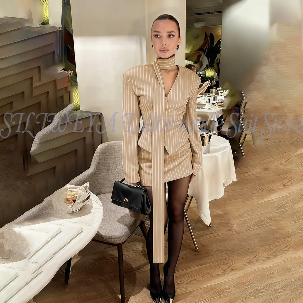 Single Breasted Blue Striped Blazer Skirt Set for Women