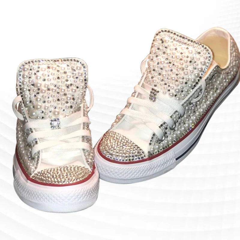 Handmade Pearl Rhinestone Low Top Canvas Shoes for Women