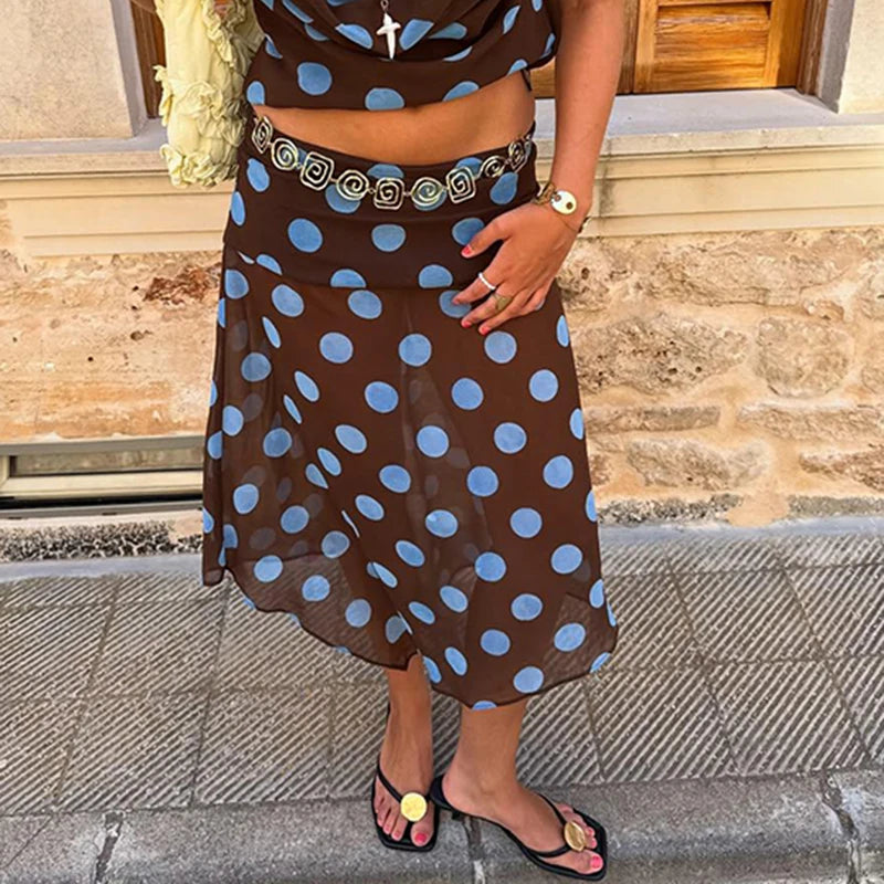 Polka Dot Halter Chic Crop Top And Skirt Set for Women