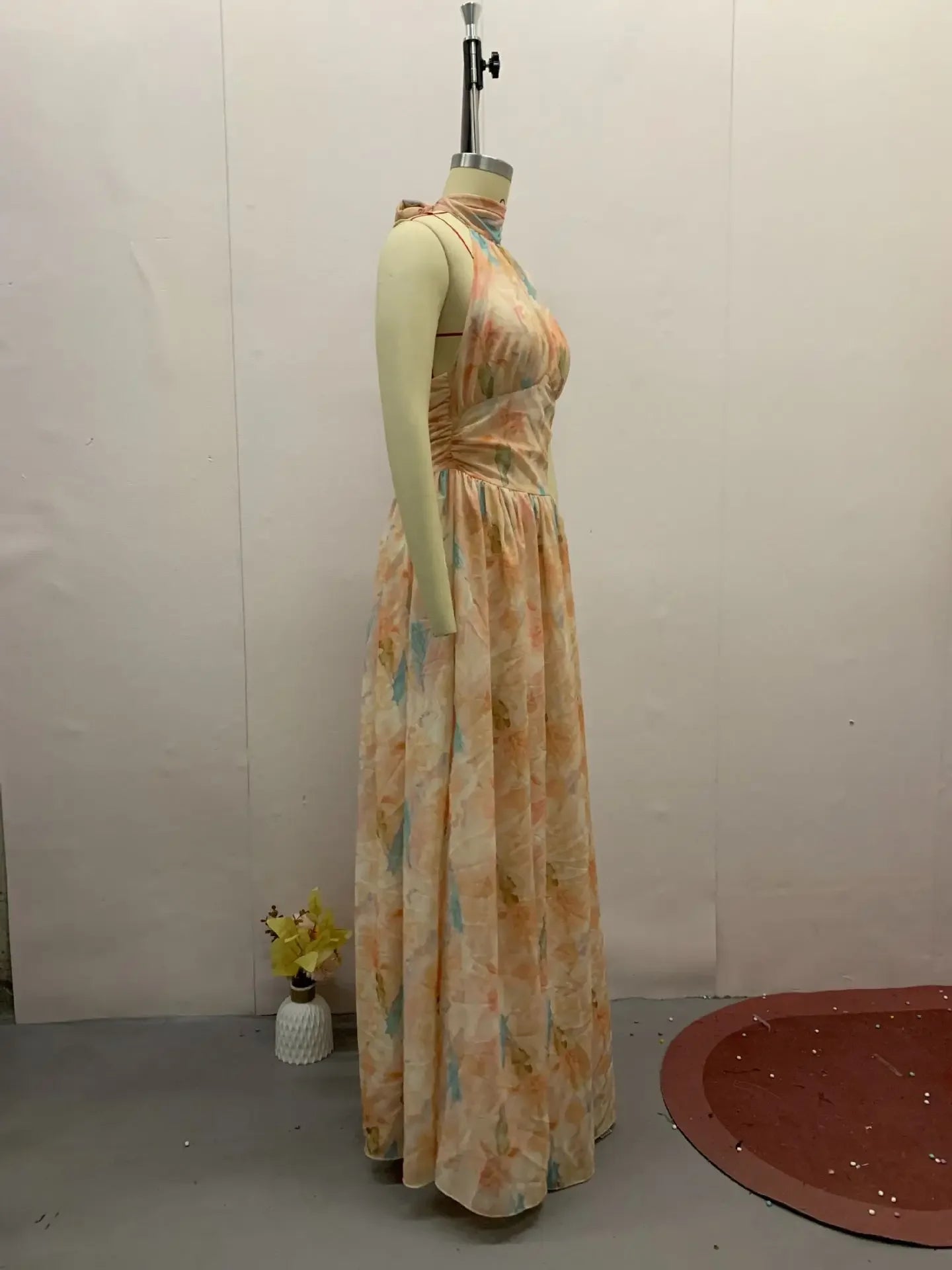 Flower Dress for Women Print Hollow Backless Holiday Fashion Lace Up Sleeveless Pleated Party Dresses New 2025 Summer Long Skirt