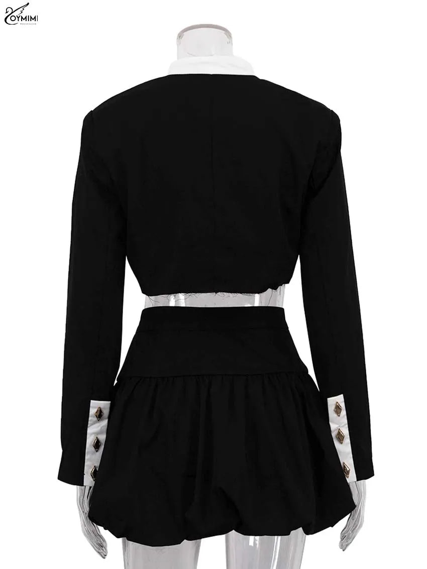 Oymimi Fashion Black Patchwork Two Piece Set For Women Casual Long Sleeve Button Pockets Crop Shirts + High Waist Mini Skirt Set