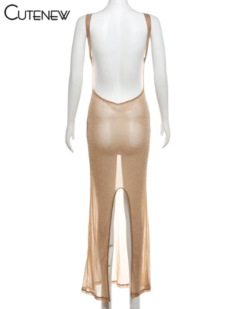 Beach Ready Backless Shiny Body-Shaping Maxi Dress for Women