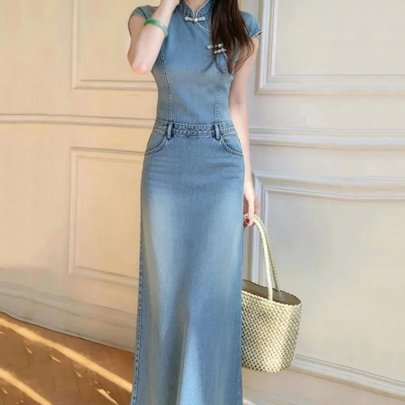 ANJY Spring Summer New Women Chinese Style Washed Denim Cheongsam Dress Elegant Vintage Design Niche Stylish Long Dresses A25172