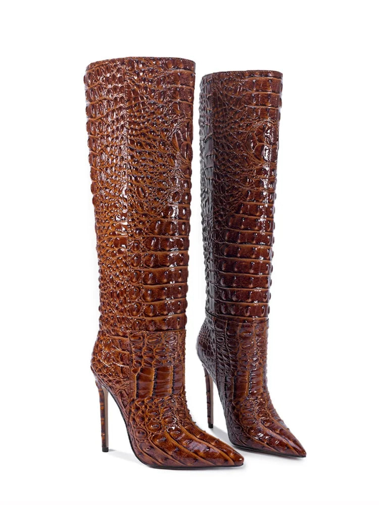 Crocodile Embossed Knee High Stiletto Boots for Women