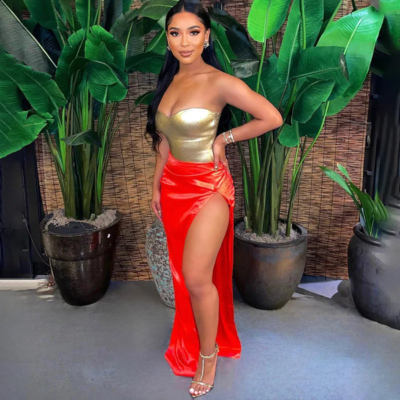 Cryptographic Fashion Vintage Strapless Gold Crop Tops Party Club Outfits for Women Tube Vest Sexy Backless Bustier Tops Y2K