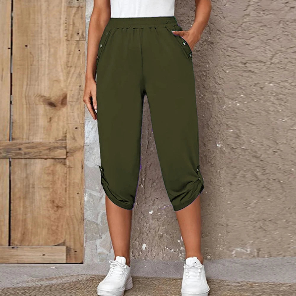 Women Elastic Waist Pants Summer Solid Color Casual Trousers Bottom Elegant Fashion Office Lady Loose Cropped Pants S-3XL