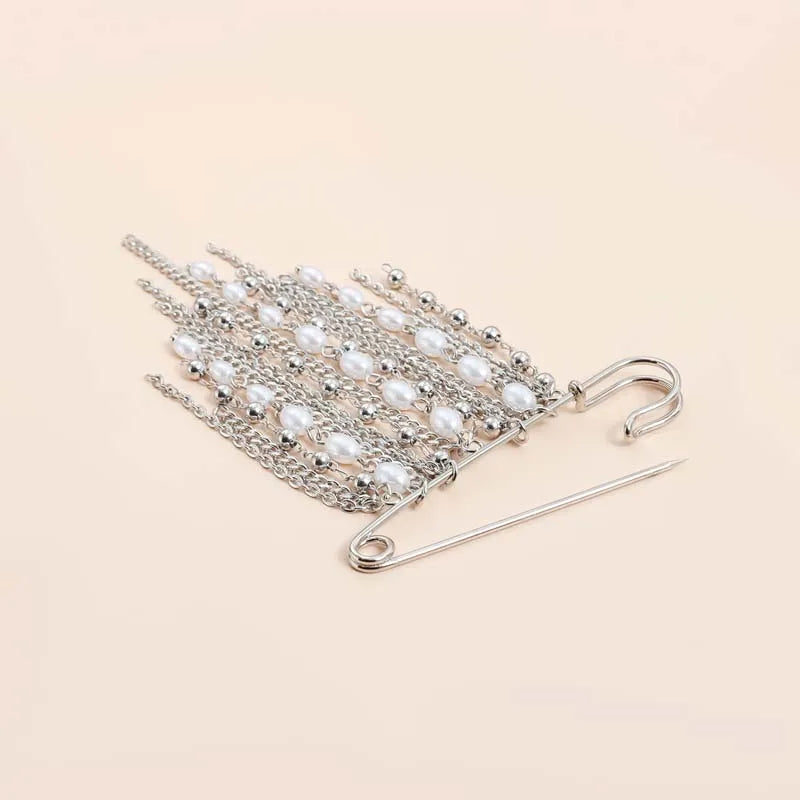 Layered Pearl Heart and Star Tassel Brooch for Women