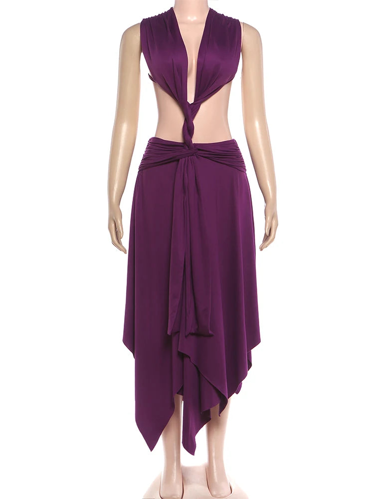 Hollow Design Low Neck Backless Ruched Long Dress for Women