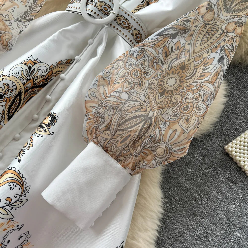 Elegant Printed Mesh Spliced A Line Maxi Dress for Women