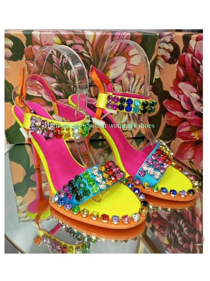 Elegant Rainbow Rhinestone Embellished Sandals for Women