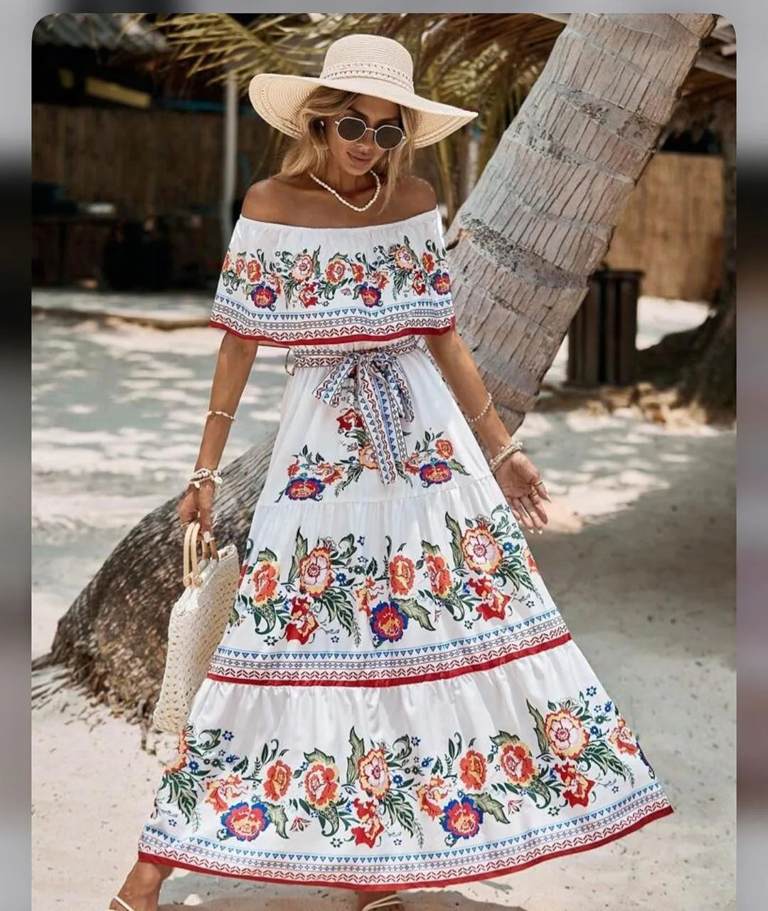 Floral Print Off Shoulder High Waist Dress for Women