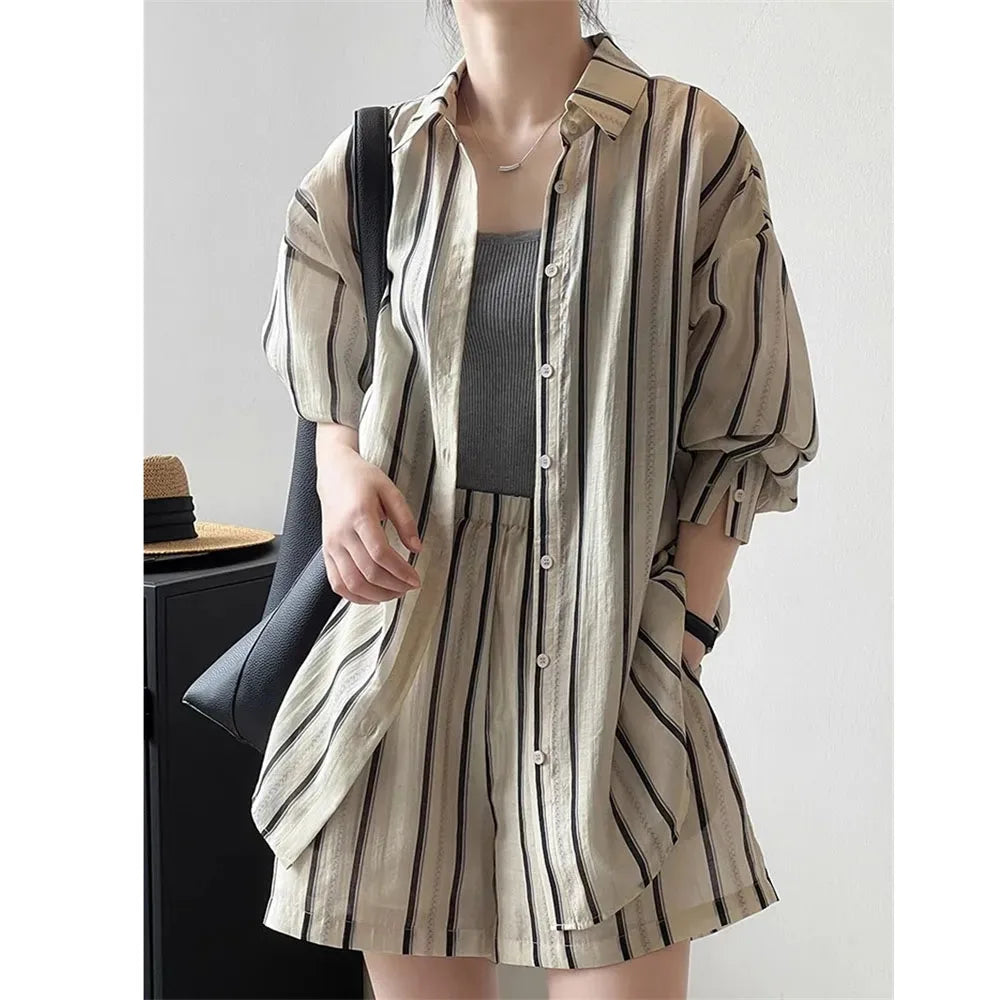 Striped Shirt Shorts And Suits Sun Protection cClothing Casual Sports Suit Women's Summer Fashion Shorts Two-Piece Set Female