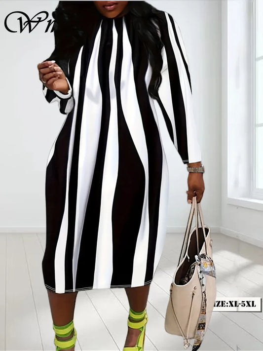 Wmstar Plus Size Dresses for Women Striped O Neck Loose Fashion Elegant New in Fall Clothing Maxi Dress Wholesale Dropshipping