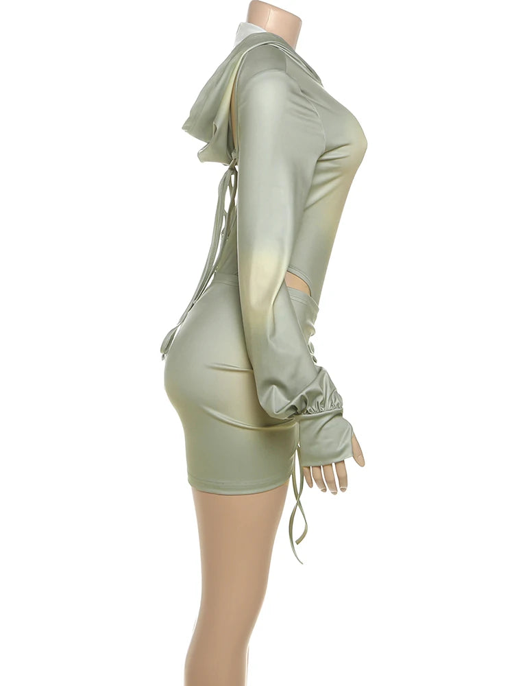 Sisterlinda Sexy Fashion 2 Piece Set Woman Tie-Dye Design Backless Hooded Bodysuits+Shirring Ruched Skirts Midnight Club Outfits