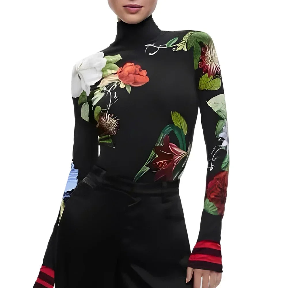 UOOZEE 2024 New Autumn Winter High Neck T-shirts For Women Vintage Elegant Floral Printed Long Sleeves Skinny Casual Tops