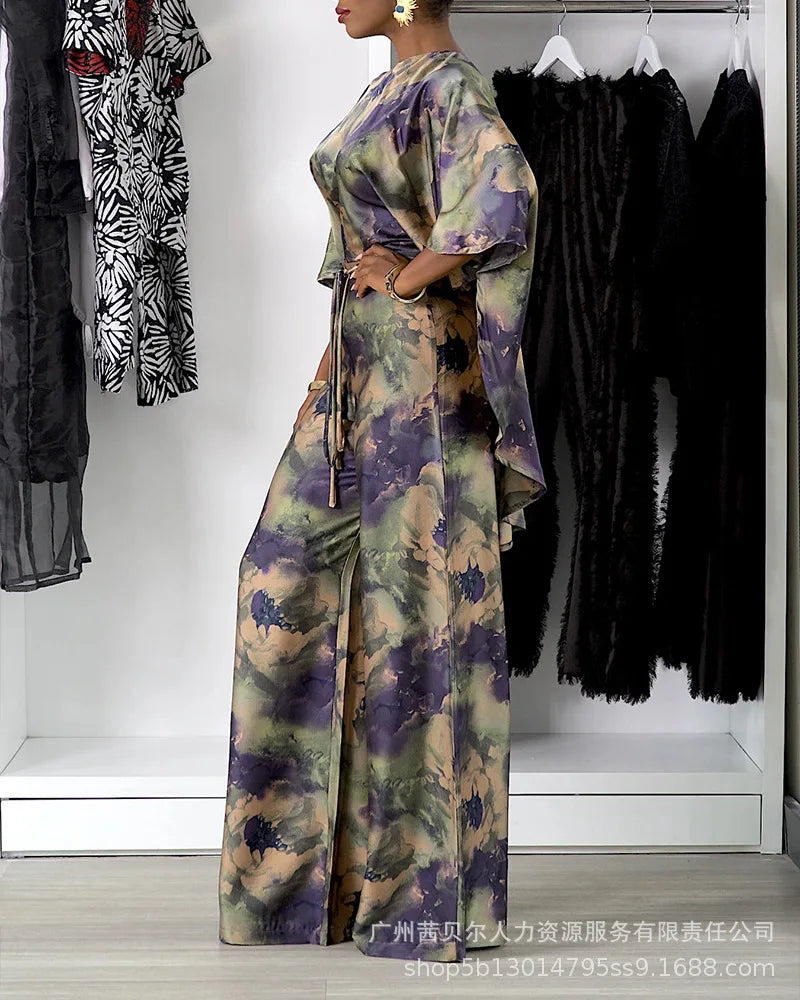 Pant Set Women Two Piece Sets Matching Sets Bat Sleeve Print Floral Tops Wide Leg Long Pants High Waist Casual Y2k Streetwear