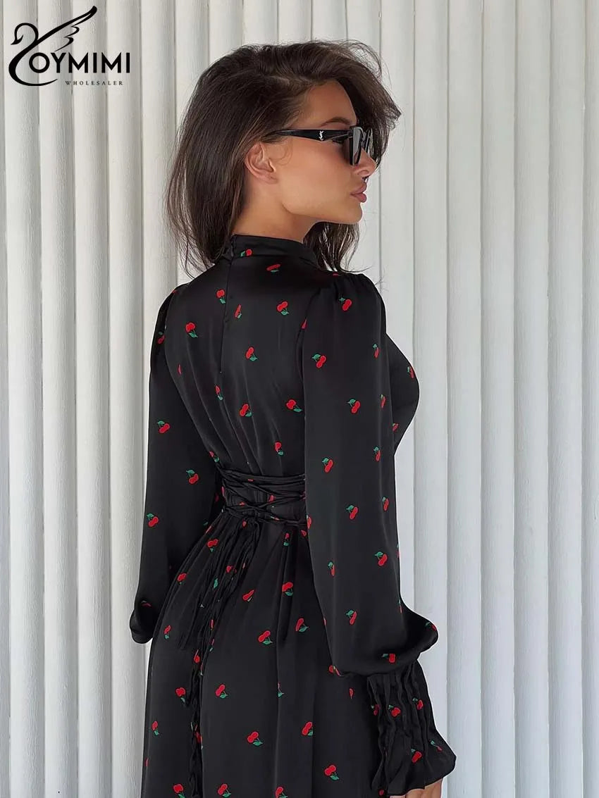 Oymimi Elegant Black Print Dresses For Women Fashion O-Neck Long Sleeve Dresses Casual New High Waist Lace-Up Ankle-Length Dress