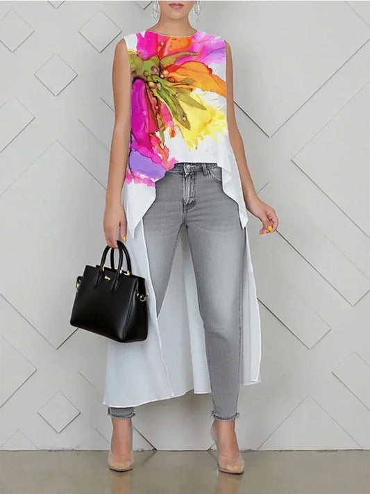 Beautyblue Women's High-Low Tops Flower Print Vest Top Fashion Casual Loose Sleeveless Round-Neck Elegant Blouses&Shirts Female