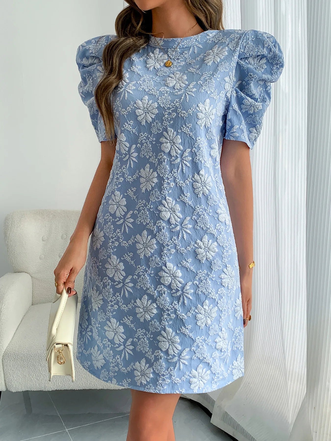 Textured Jacquard Puff Sleeve Midi Dress for Women