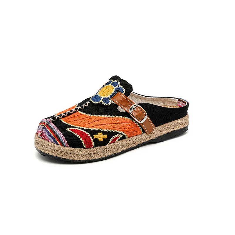 Lightweight Embroidered Cotton Linen Flat Slippers for Women