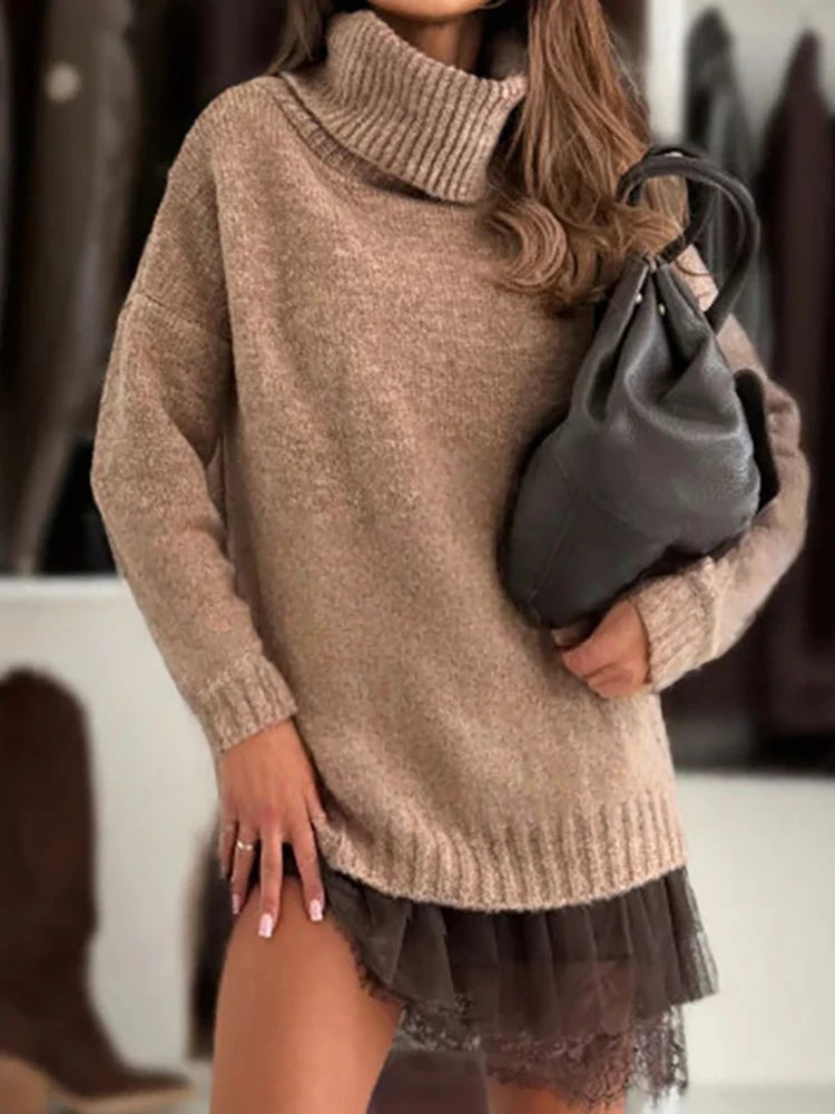 Patchwork Turtleneck Long Sleeve Sweater Mini Dress for Women